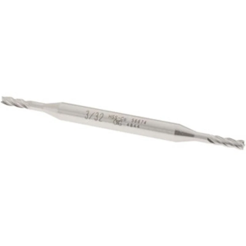 OSG 3/32, 9/32 LOC, 3/16 Shank Diam, 2-5/8 OAL, 4 Flute, Cobalt Square End Mill Double End, Uncoated, Spiral Flute, 3...